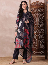 Women Black Silk Blend Floral Printed Straight Kurta Trouser With Dupatta-PKSKD2543BLK